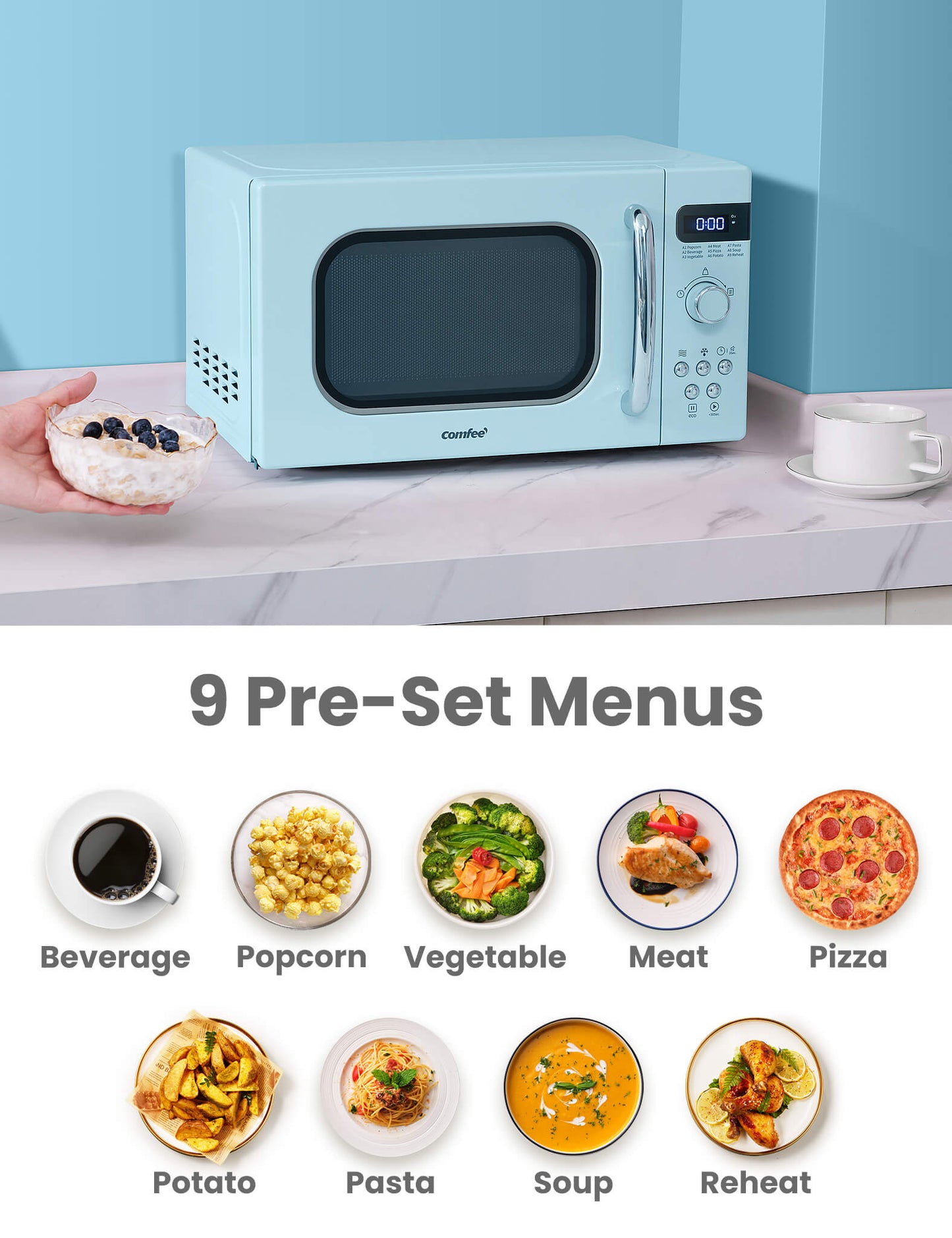 microwave oven with 9 different types of foods