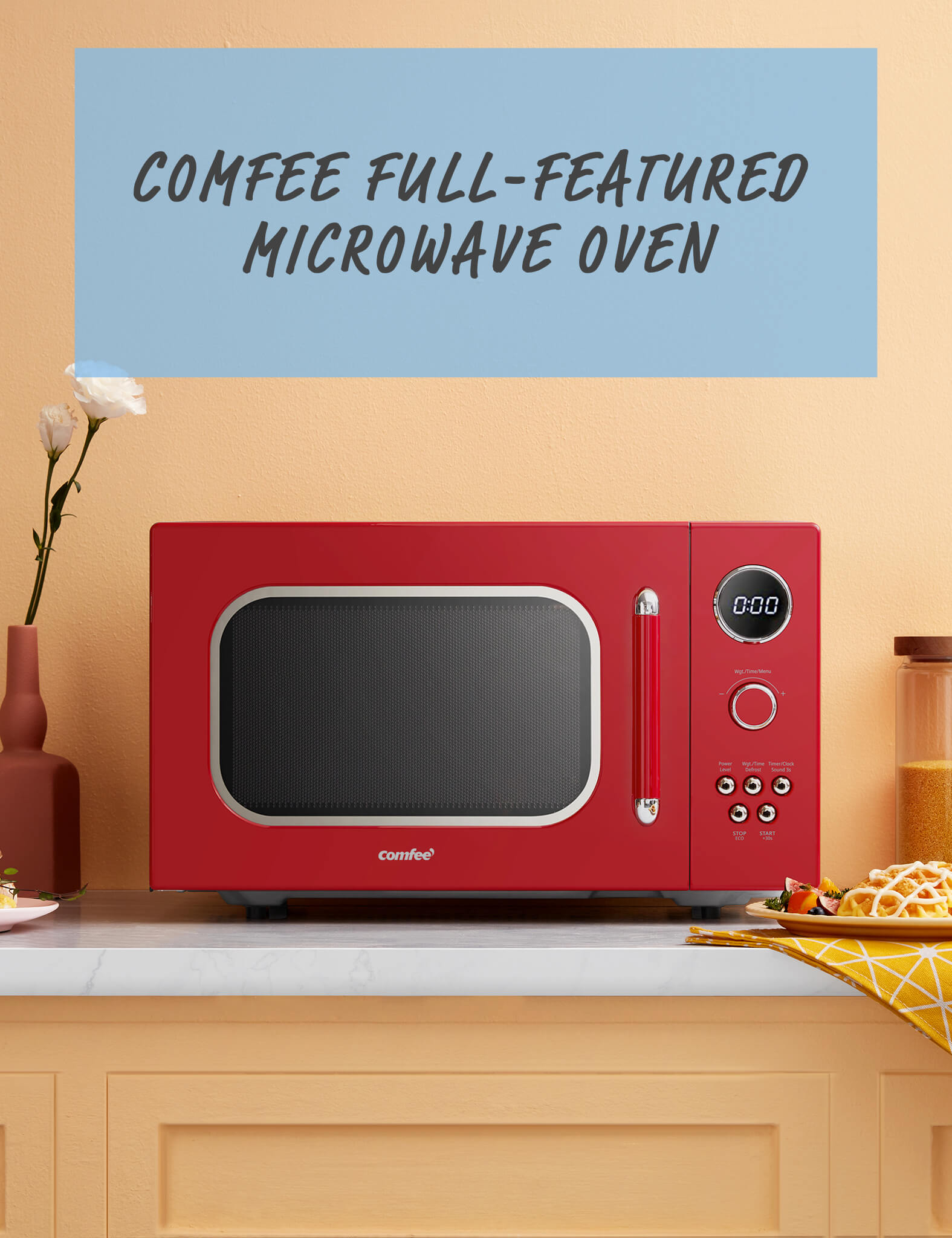 red retro style microwave on countertop