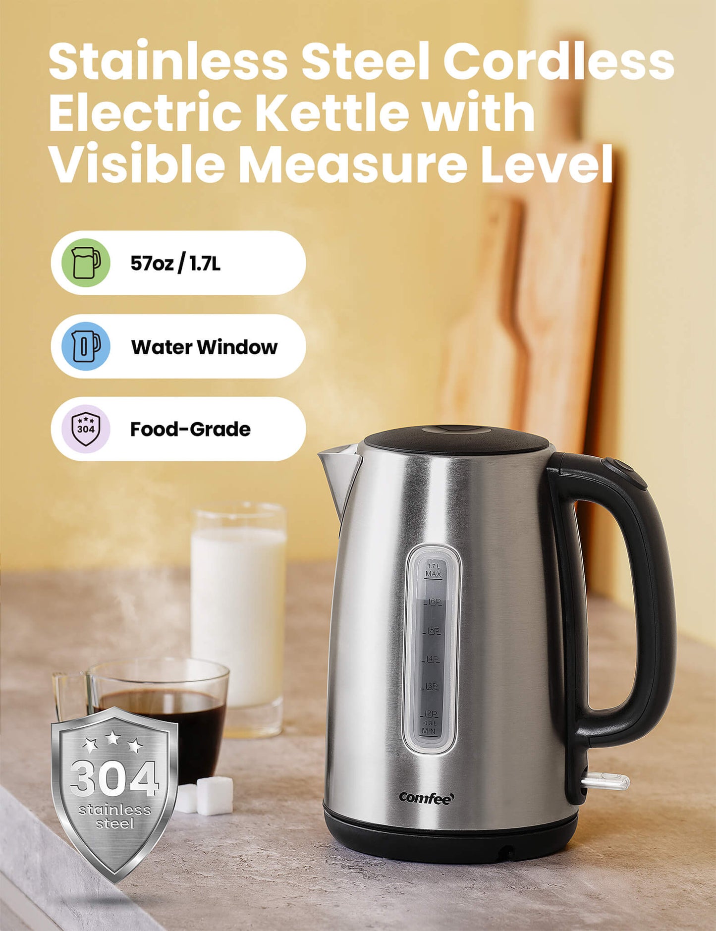 comfee stainless steel electric kettle with visible measure level