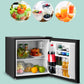 grey open mini fridge with food and drinks inside