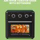 black comfee air fryer toaster oven with a whole chicken being cooked inside