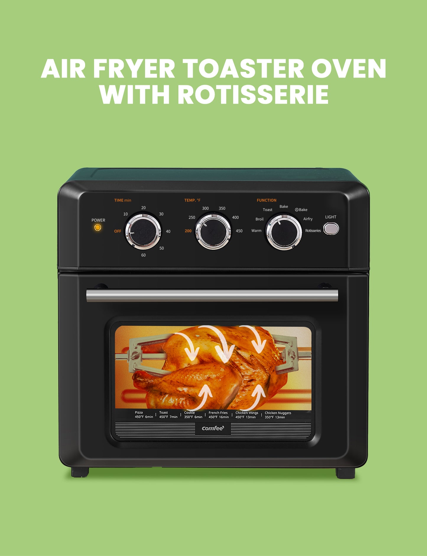 black comfee air fryer toaster oven with a whole chicken being cooked inside