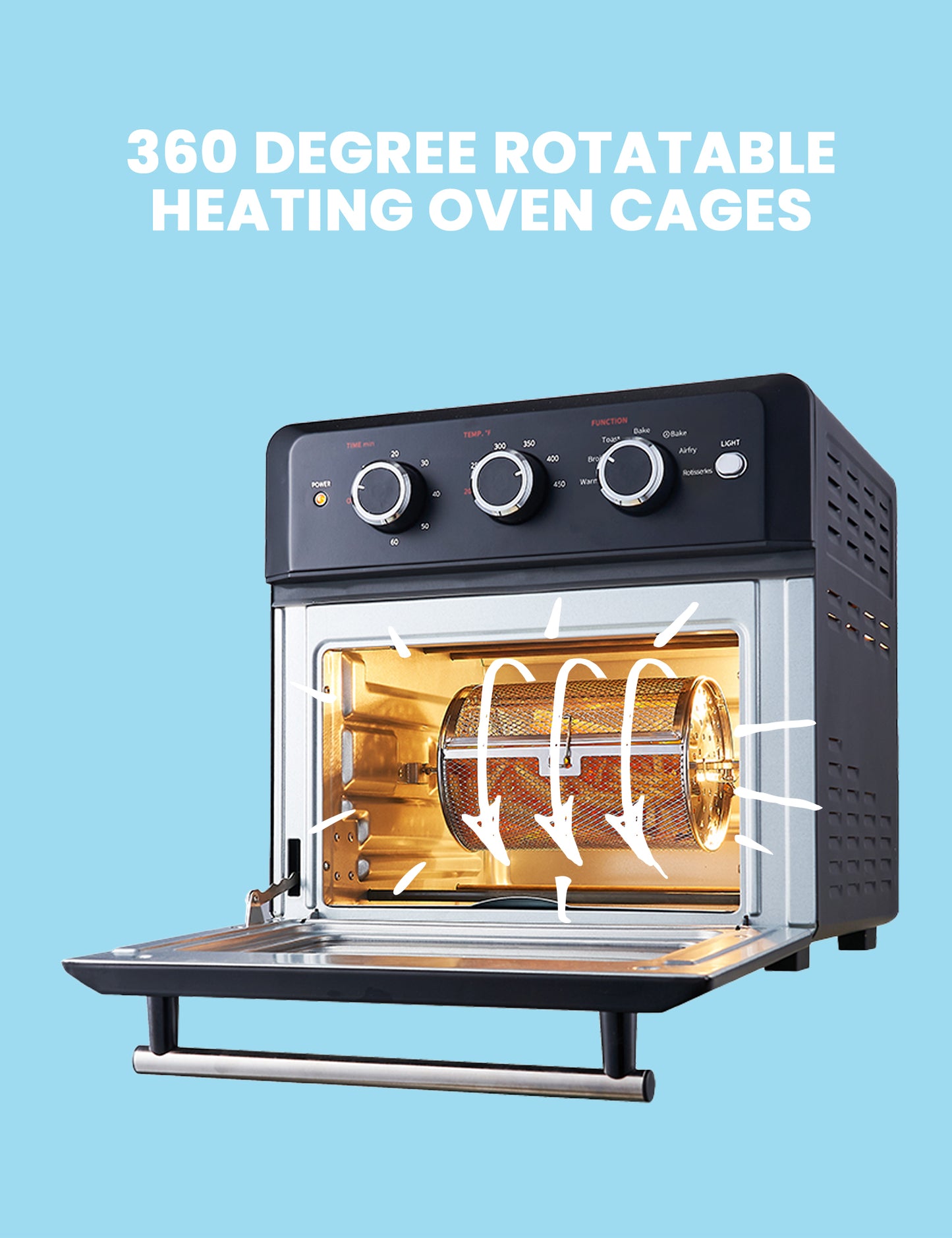 open comfee air fryer toaster oven showing rotisserie