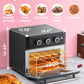 dimensions of comfee air fryer toaster oven combo with food inside next to a cooked whole chicken