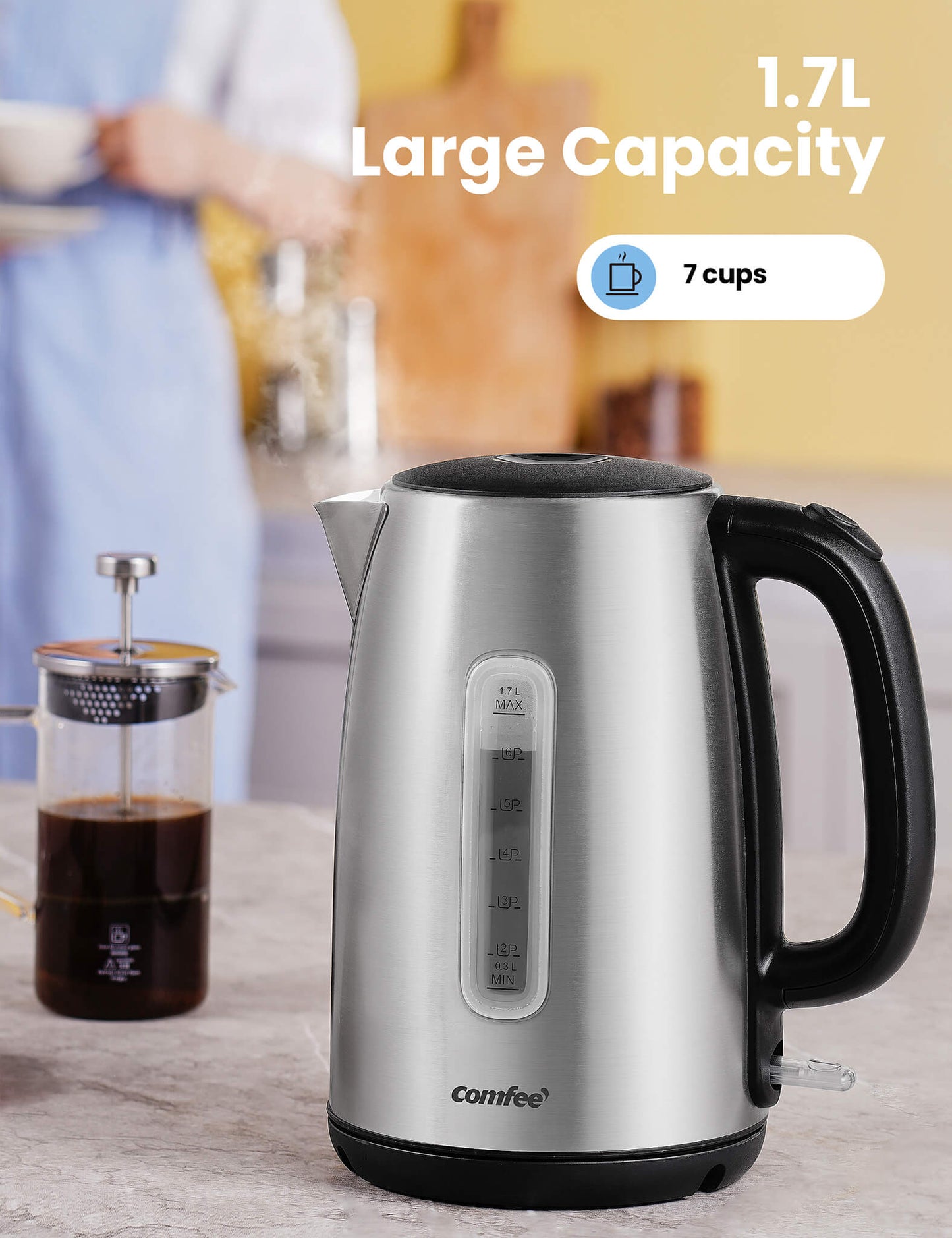 comfee stainless steel electric kettle with 1.7L capacity