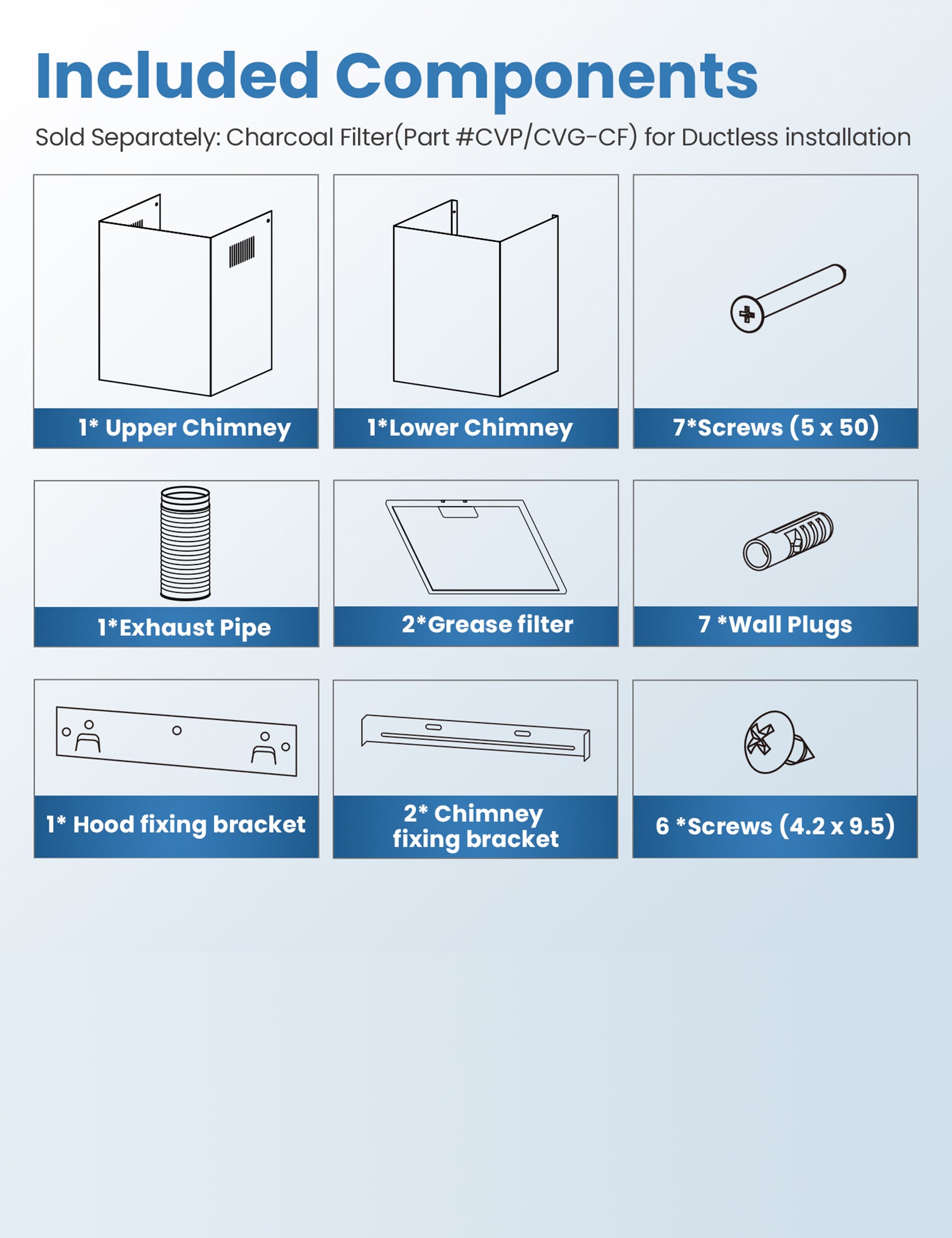 component parts included with the comfee ducted convertible pyramid range hood