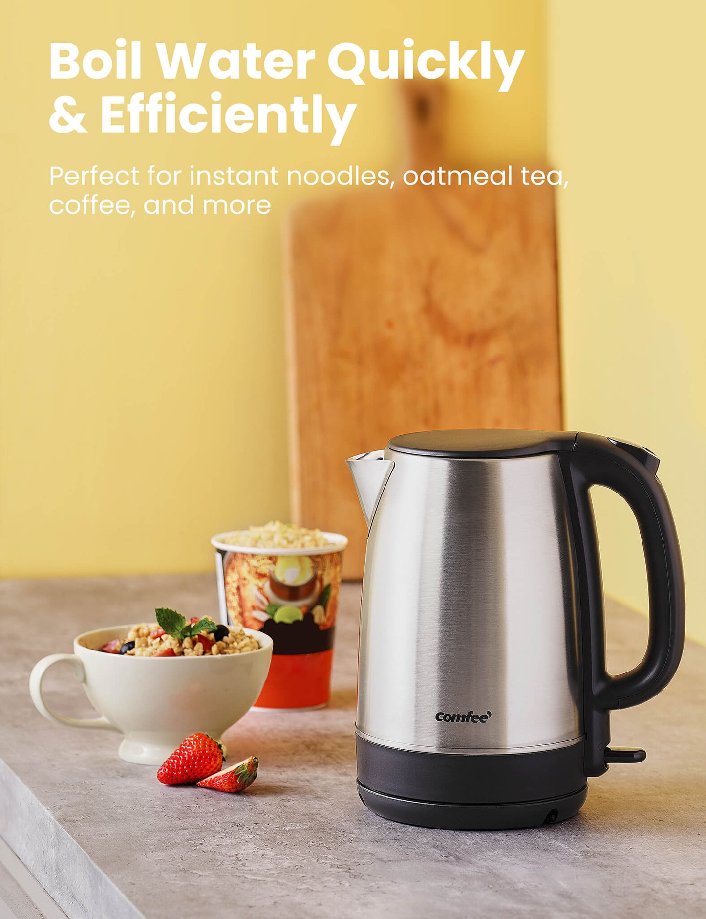 a bowl of rice and strawberries next to a kettle