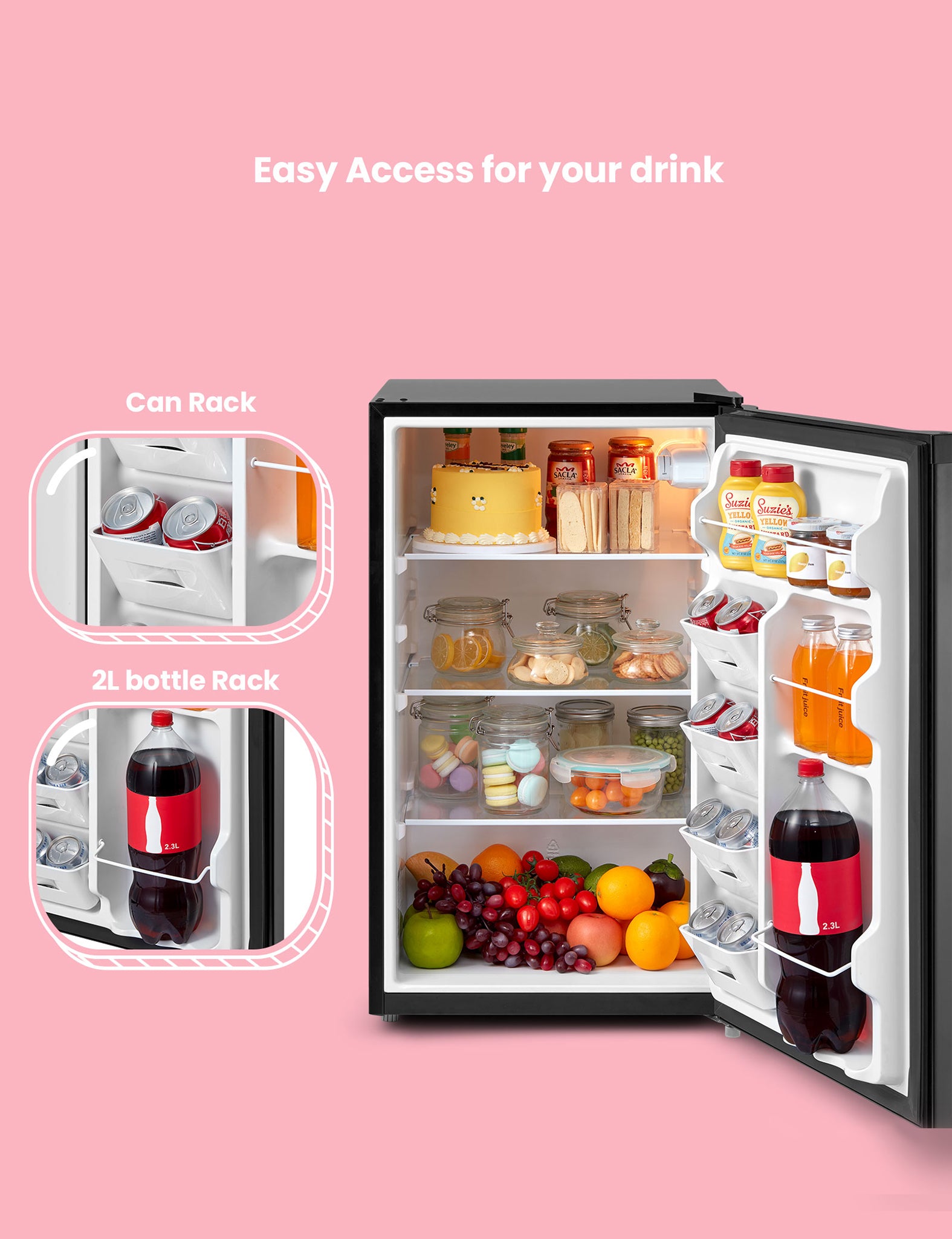 an opened compact refrigerator with some foods and drinks