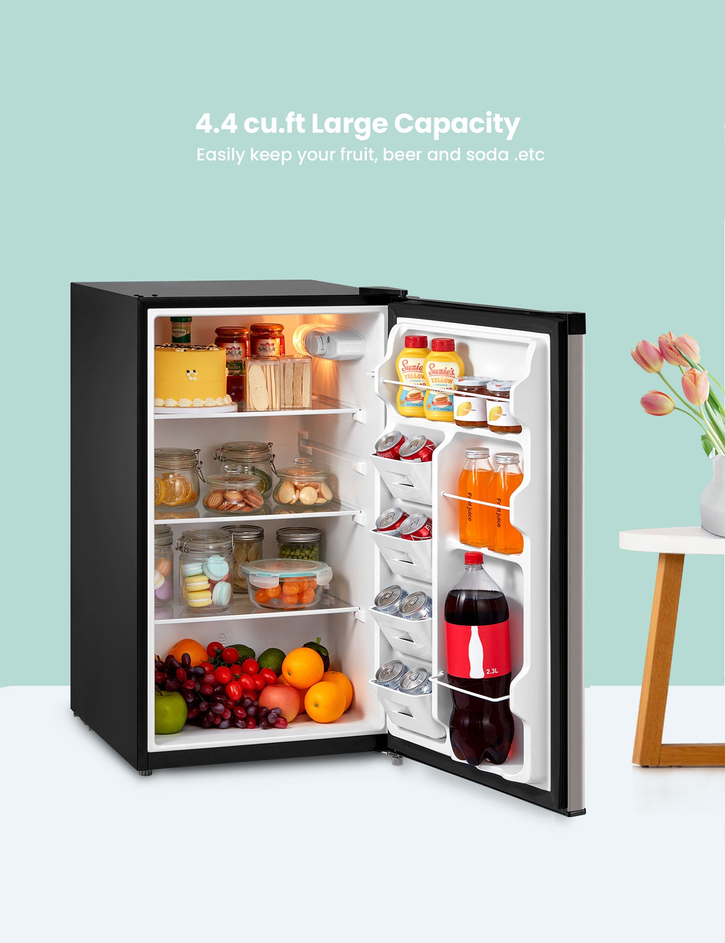 small open fridge with with drinks and food inside