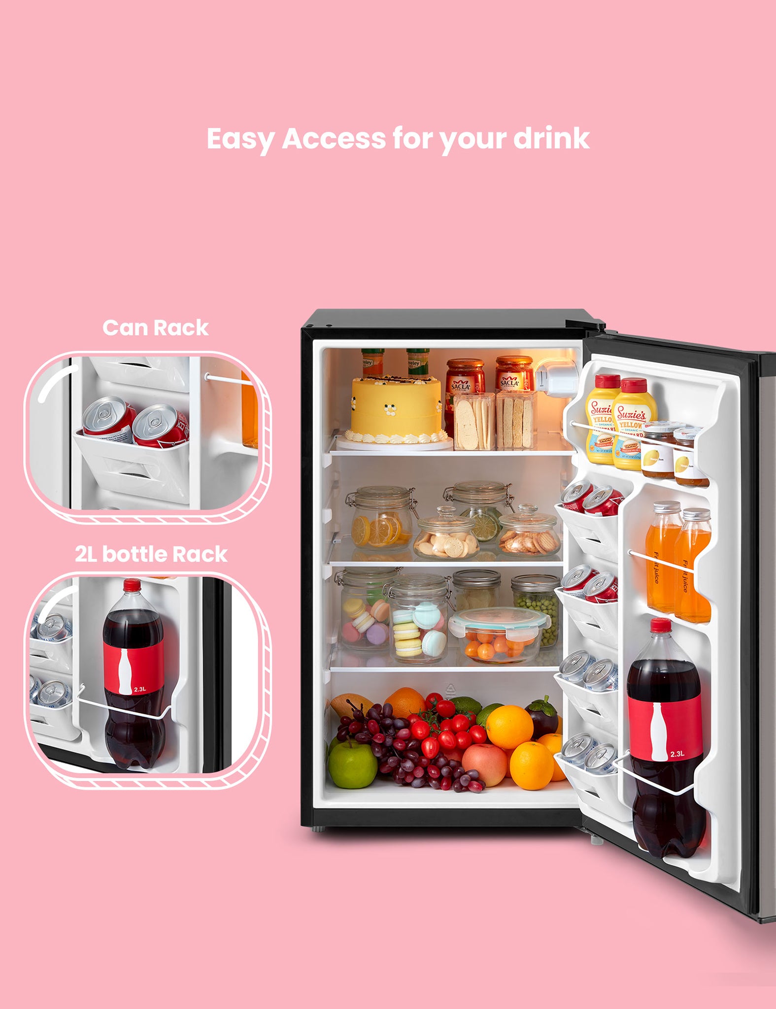 an opened compact refrigerator with some foods and drinks