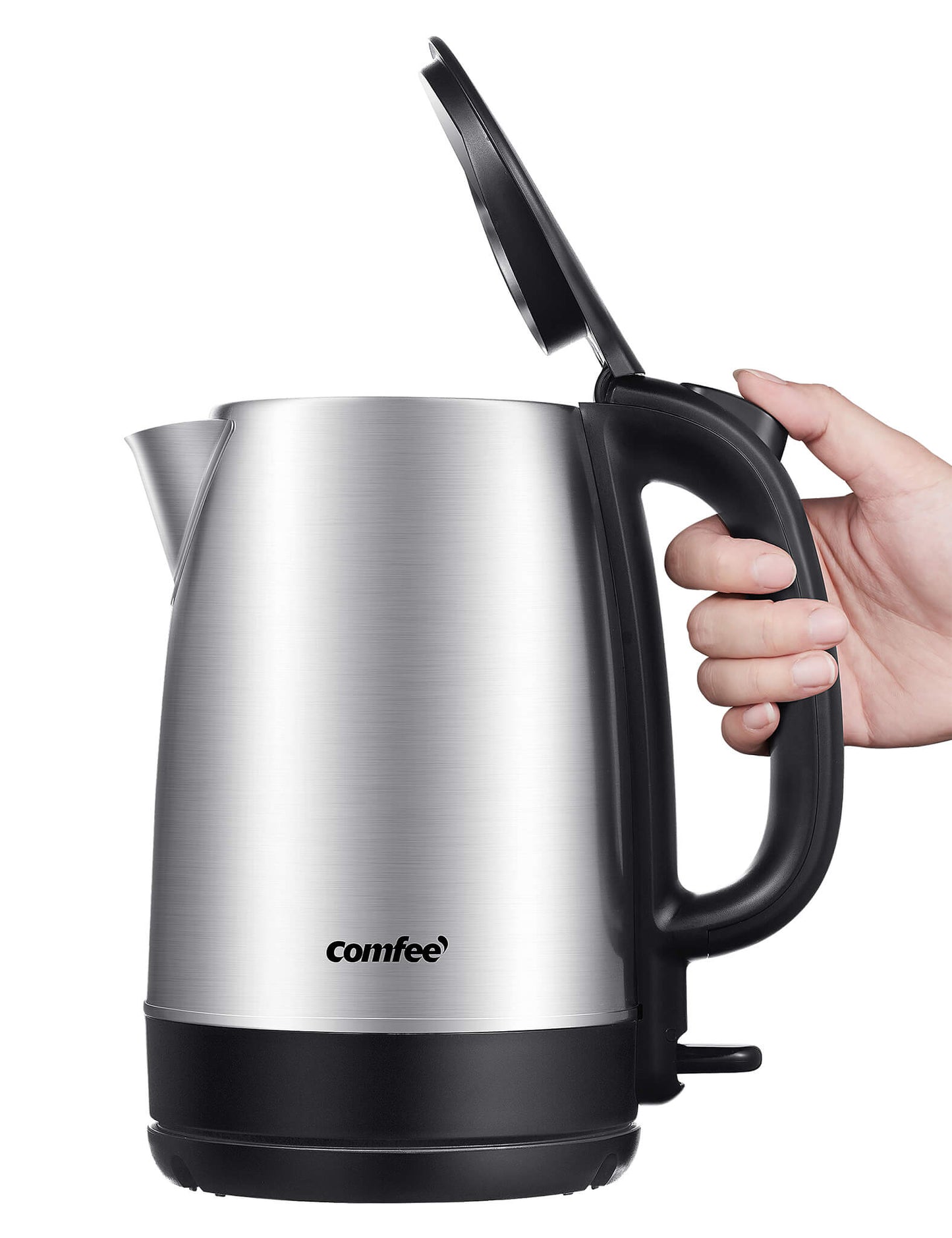 stainless steel comfee electric tea kettle its lid open