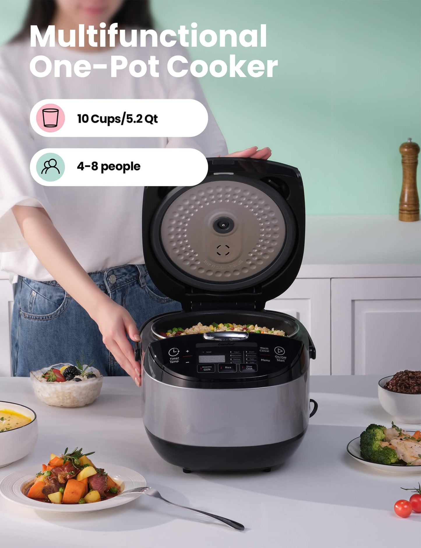 A woman is opening the lid of the rice cooker