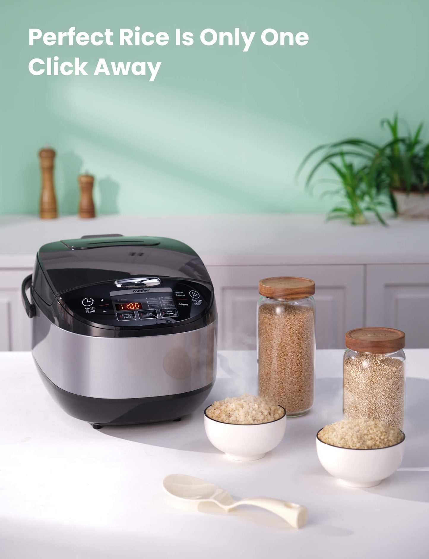 rice cooker with rice inside surrounded by various foods