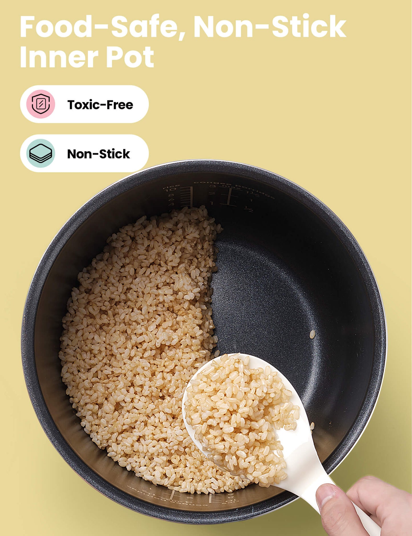 person emptying rice from a non stick pot onto a plate