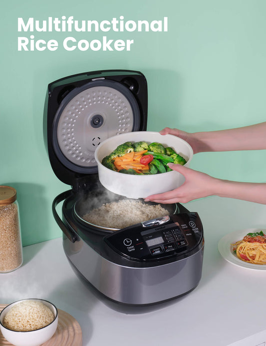 japanese rice cooker cooking rice meat and vegetables