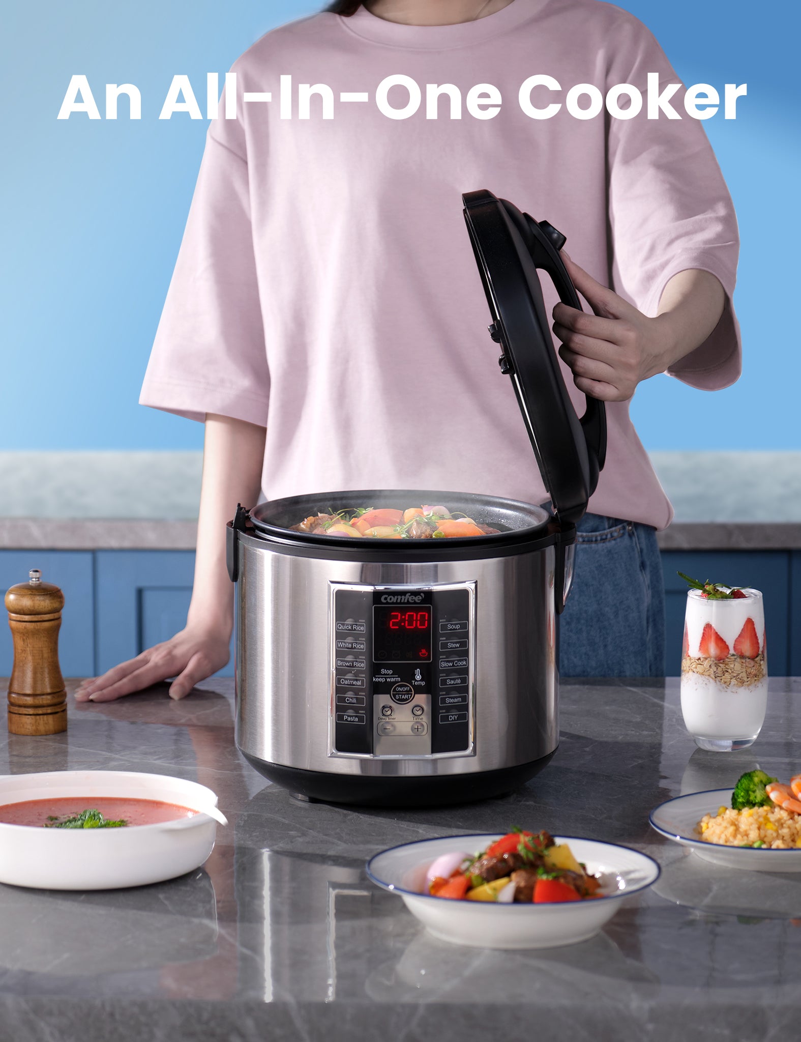 a woman is opening the lid of the rice cooker