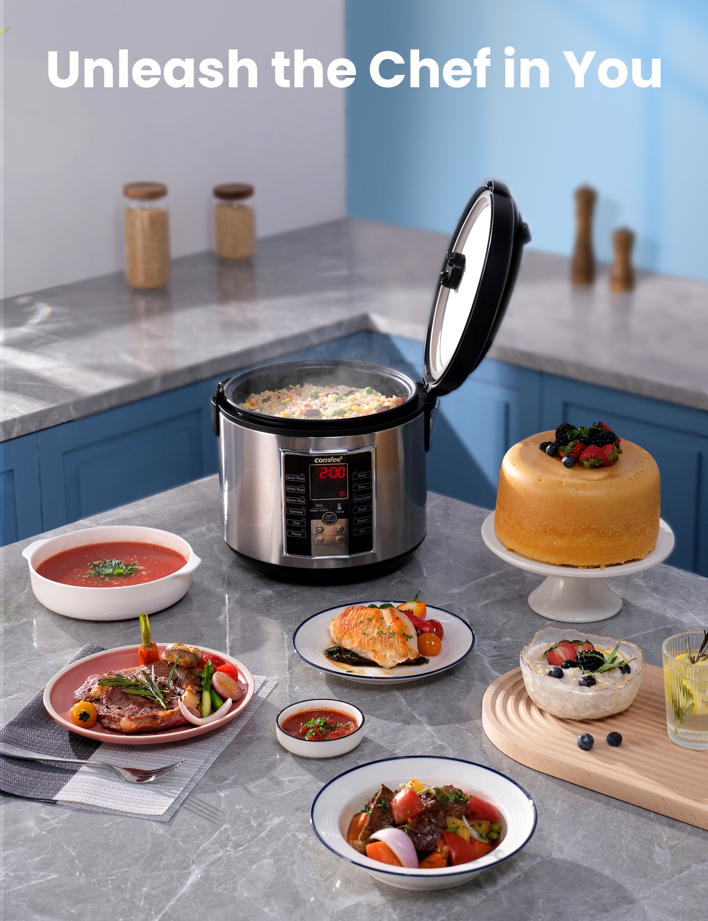 rice cooker surrounded by various meals