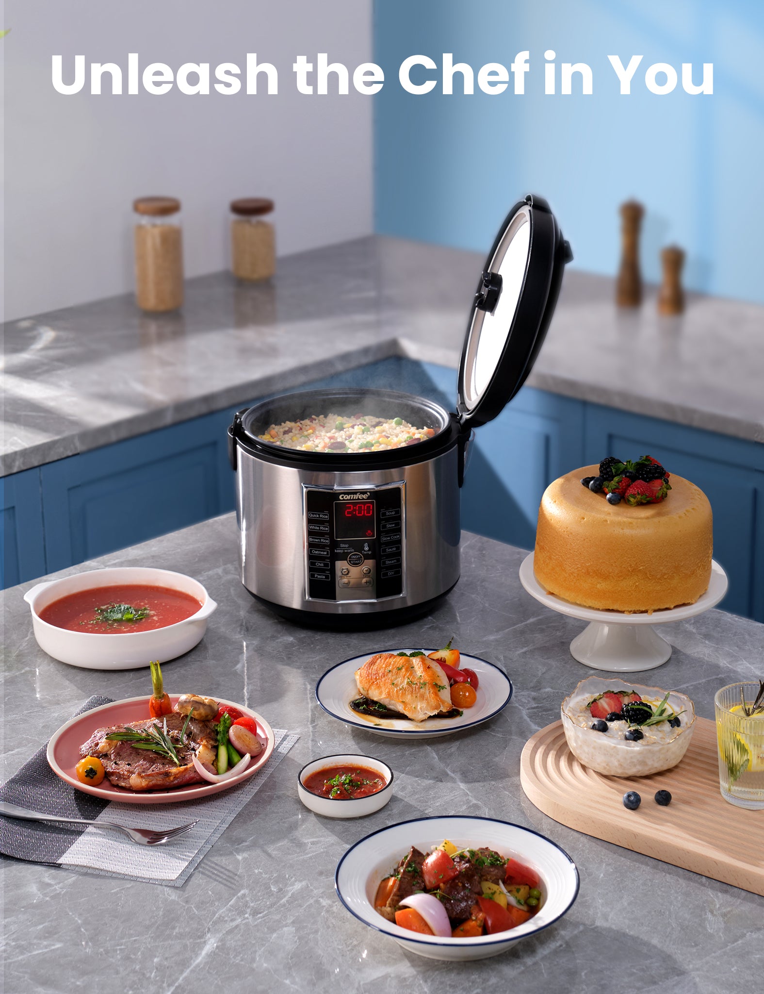 COMFEE' Rice Cooker, 6-in-1 Stainless Steel Multi Cooker, Slow Cooker,  Steamer, Saute, and Warmer, 2 QT, 8 Cups Cooked(4 Cups Uncooked), Brown  Rice