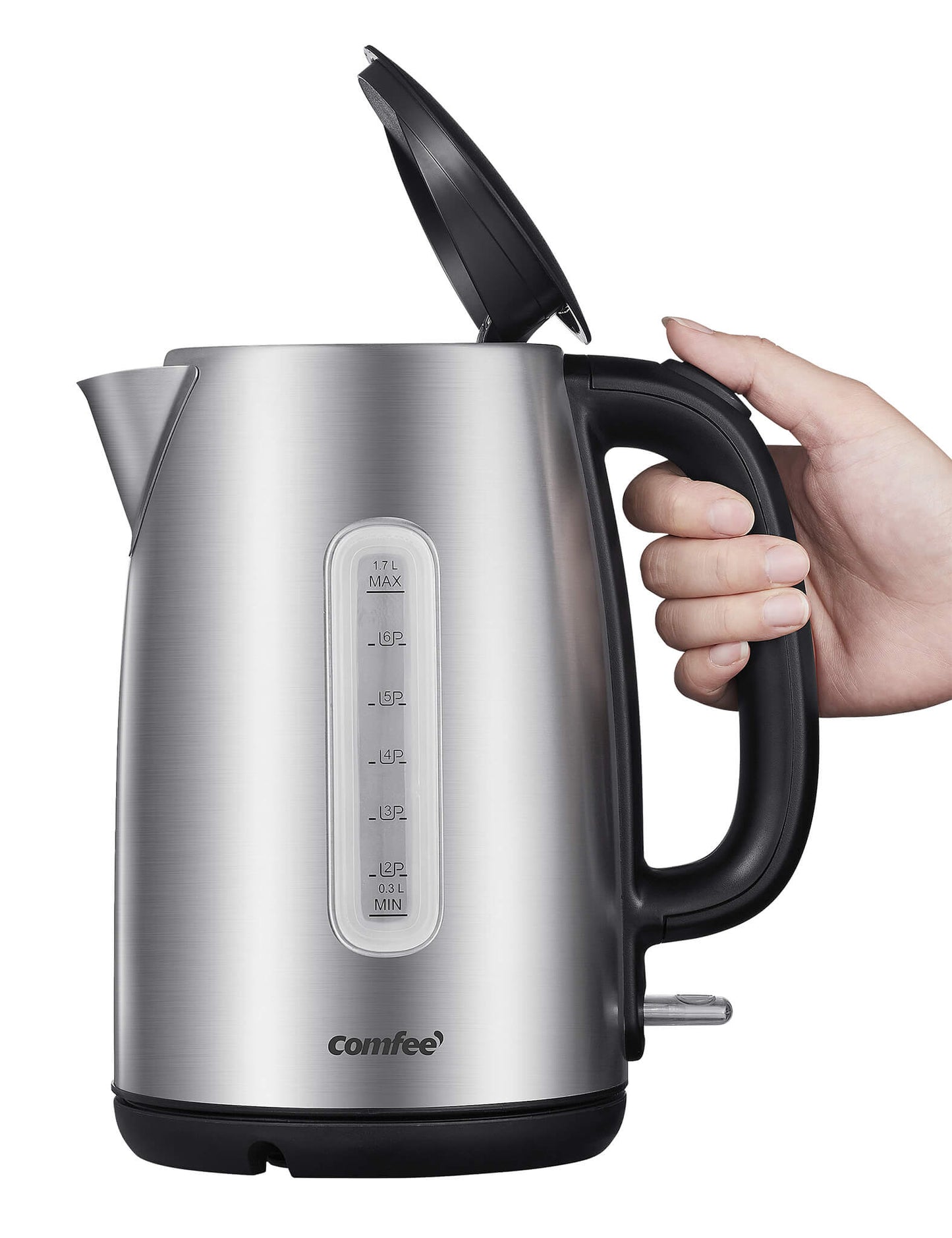 comfee stainless steel electric kettle  its lid open