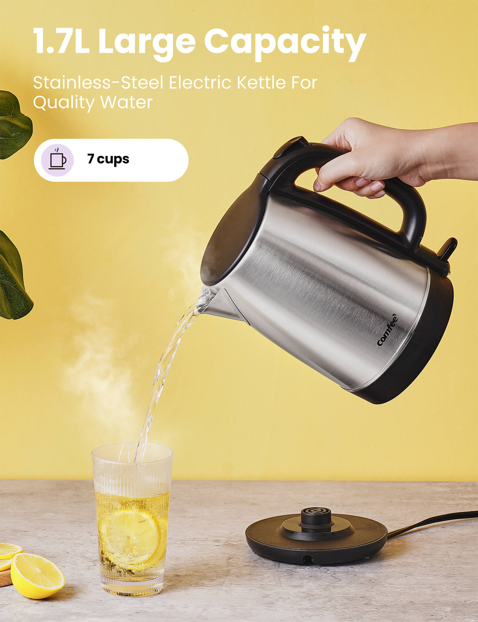 stainless steel electric tea kettle with 1.7L capacity