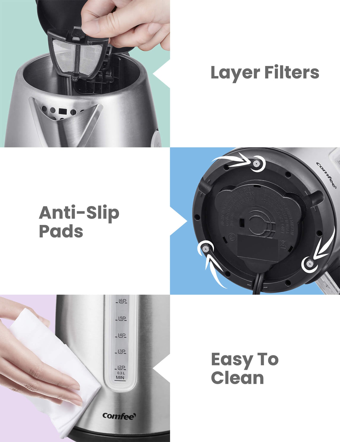 three features of comfee stainless steel electric kettle