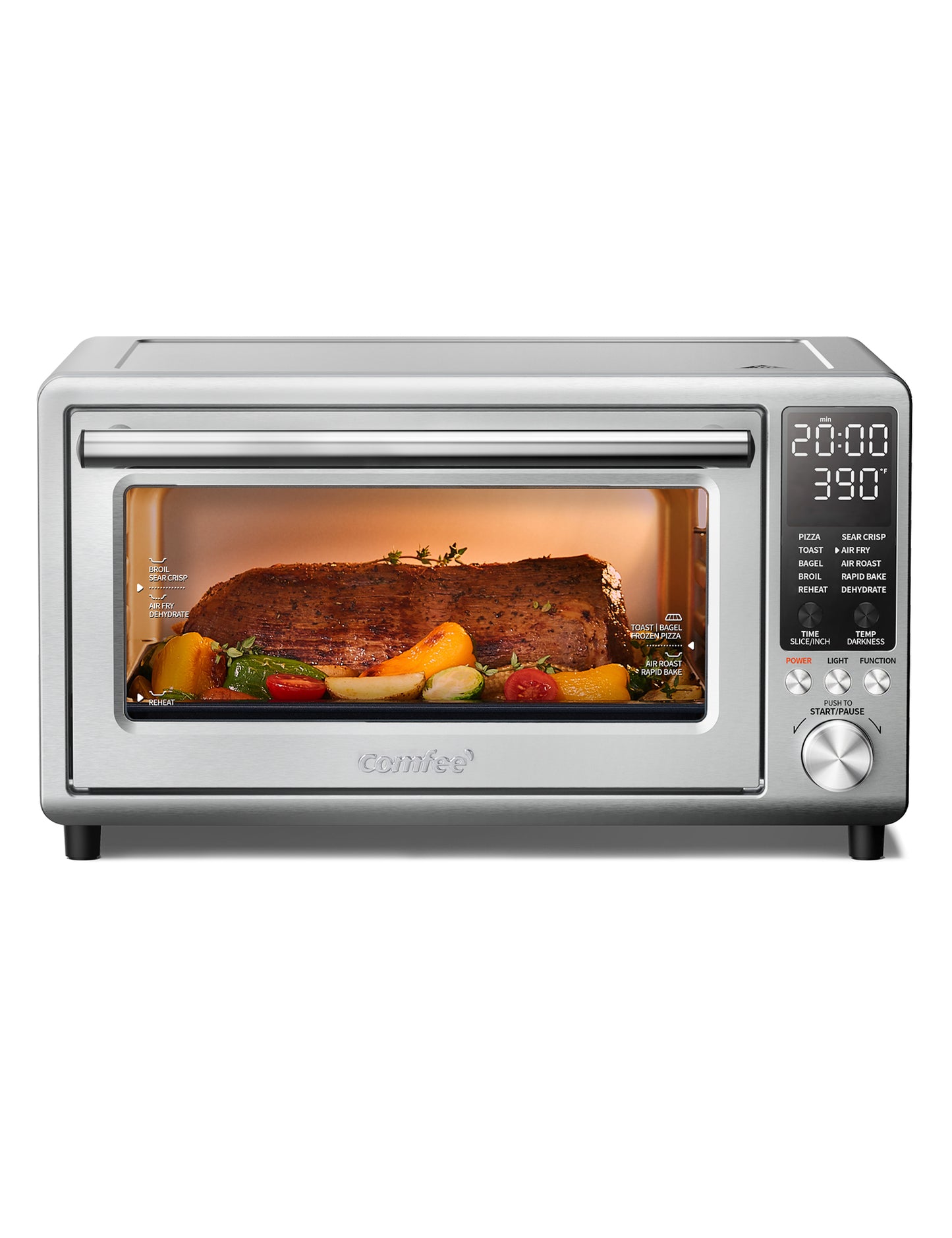 Comfee air fryer toaster oven with a whole beef being cooked inside
