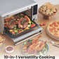There are two steaks and vegetables in the air fryer toaster oven which is surrounded by different foods