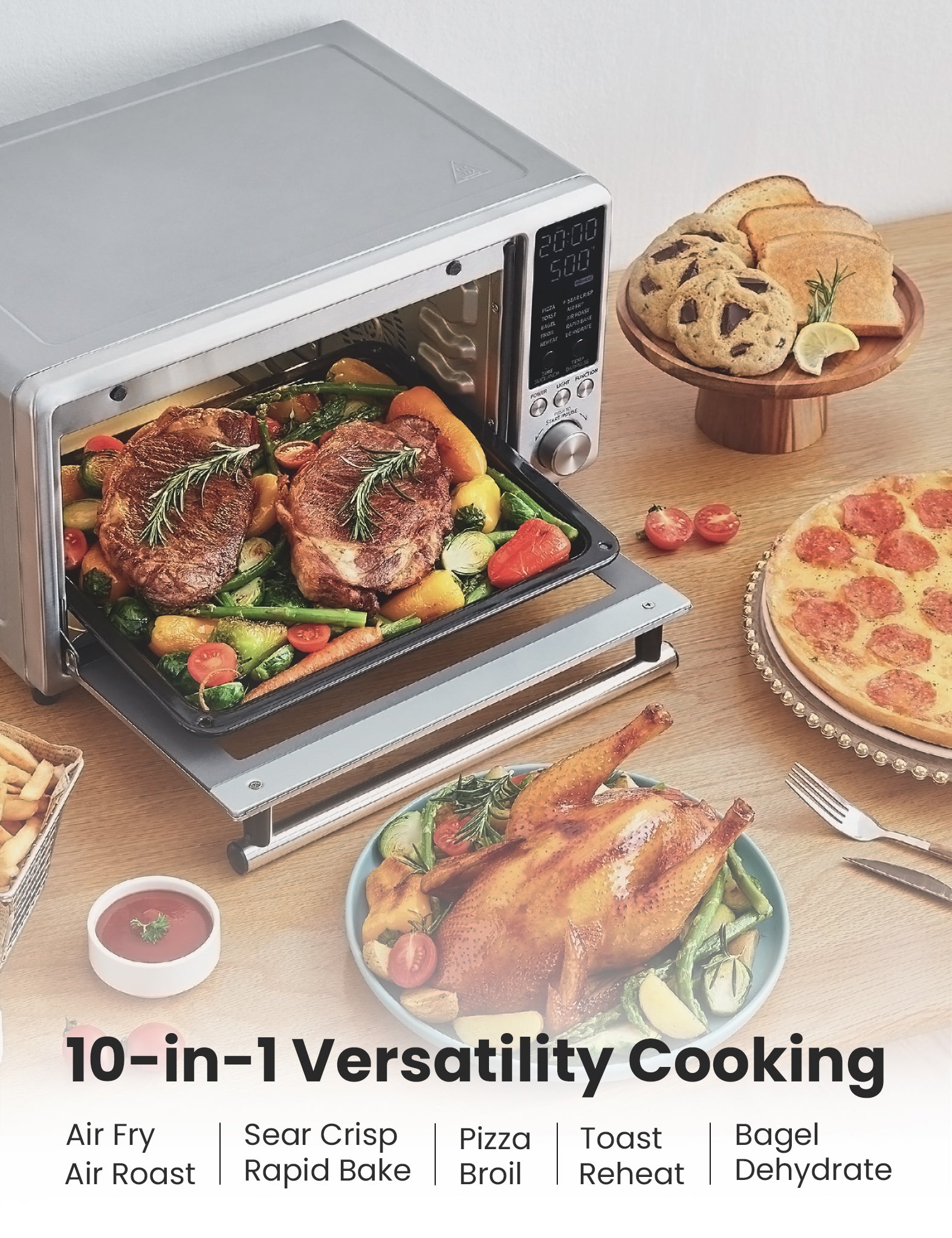 There are two steaks and vegetables in the air fryer toaster oven which is surrounded by different foods