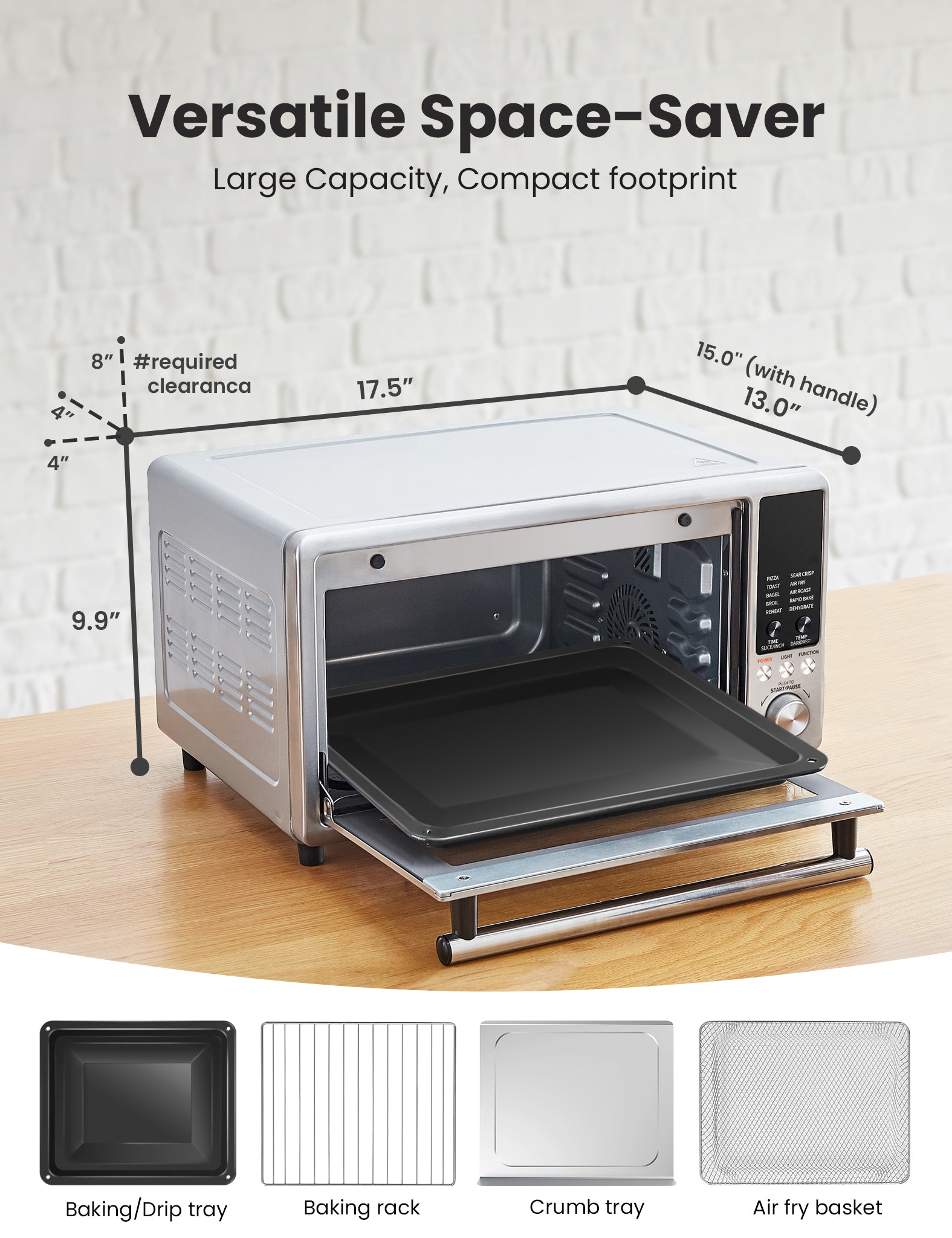 Size of the air fryer toaster oven combo and four accessories