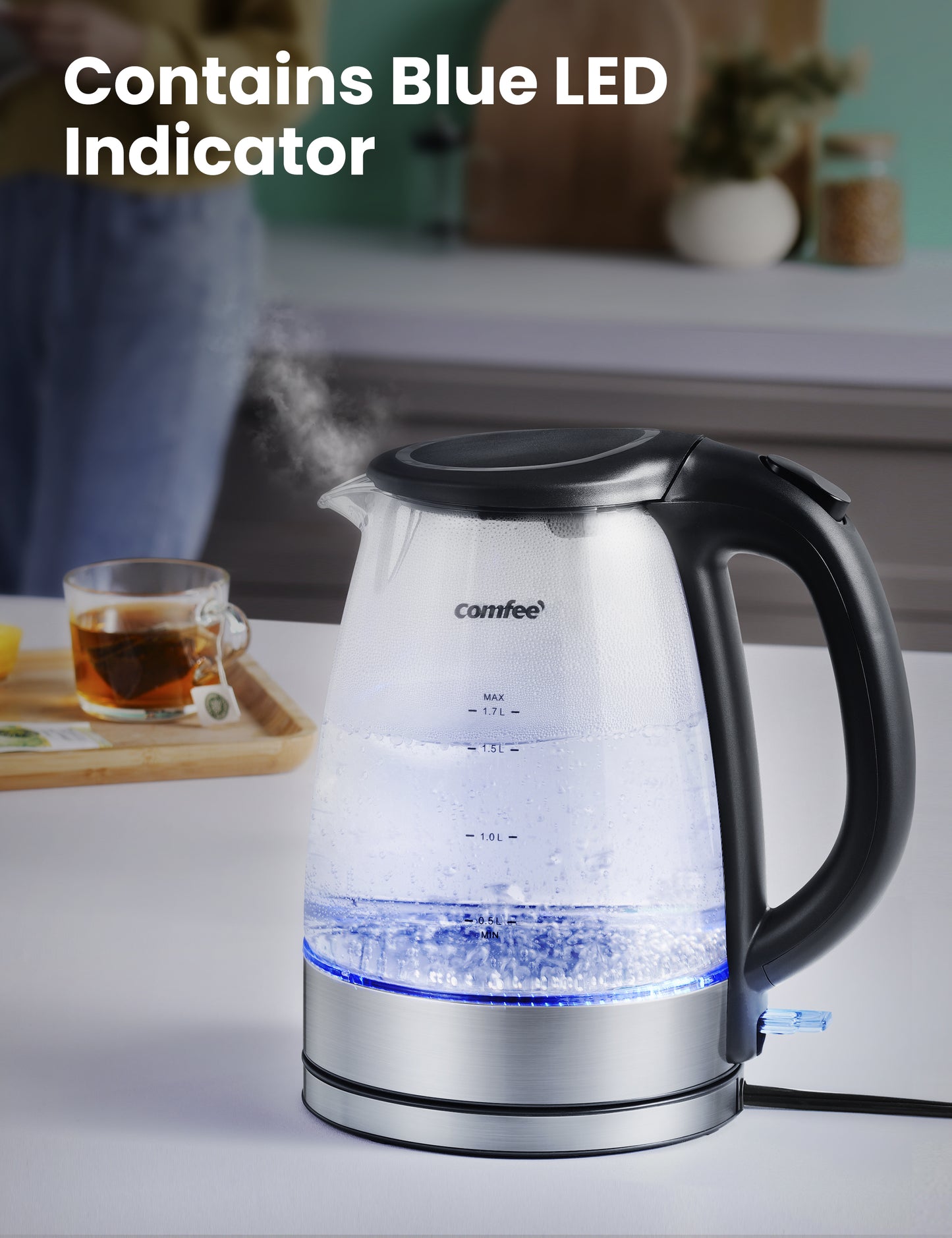 comfee electric glass kettle contains LED indicator