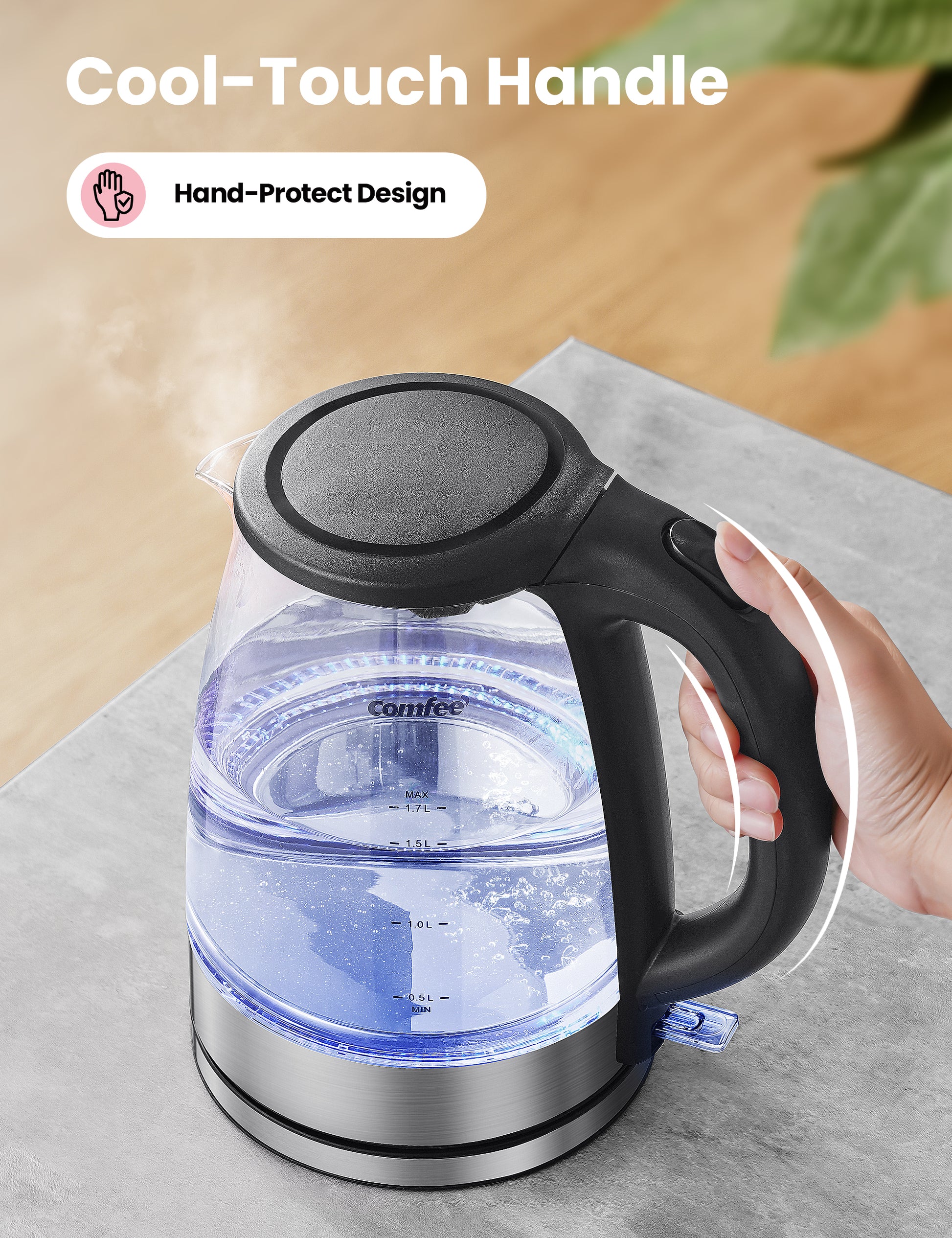 comfee electric glass kettle contains hand-protect design