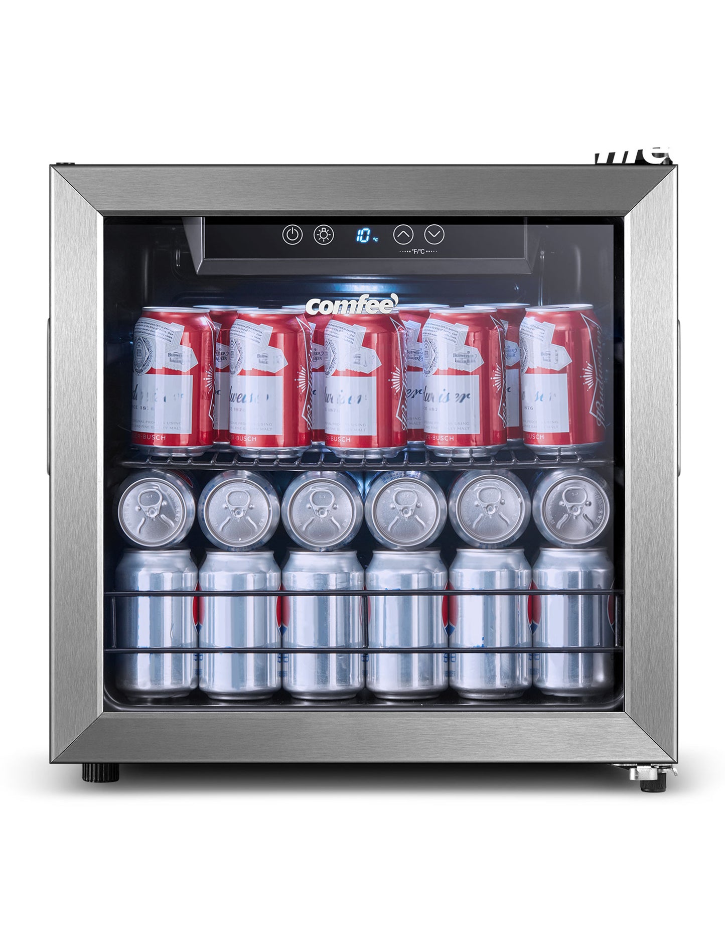 comfee mini beverage cooler refrigerator with cans of soda inside