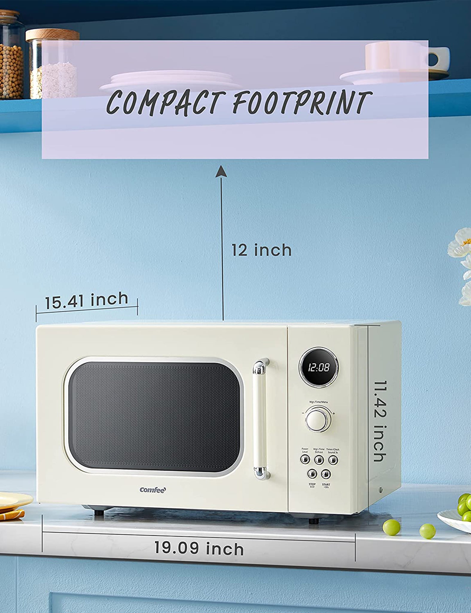 measurements of comfee microwave oven sitting on a kitchen countertop