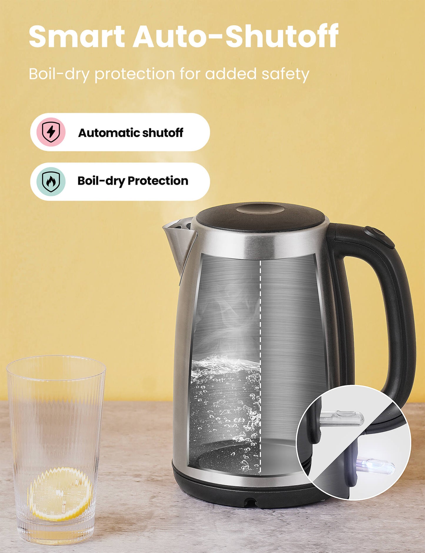 automatic shutoff and boil-dry protection features of stainless steel electric kettle