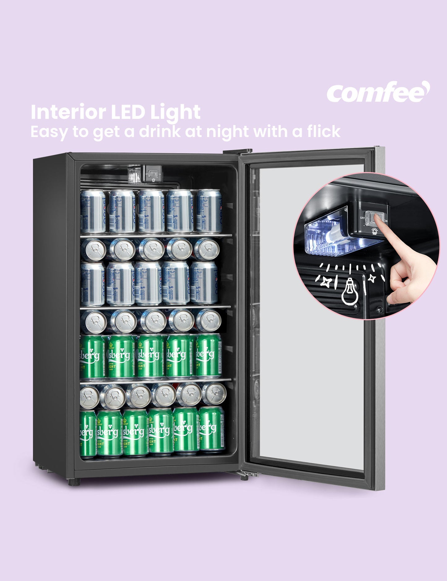 hand pressing internal led light on the comfee beverage drinks cooler