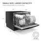 size dimensions of comfee countertop portable dishwasher open with dishes cups and plates inside its internal rack