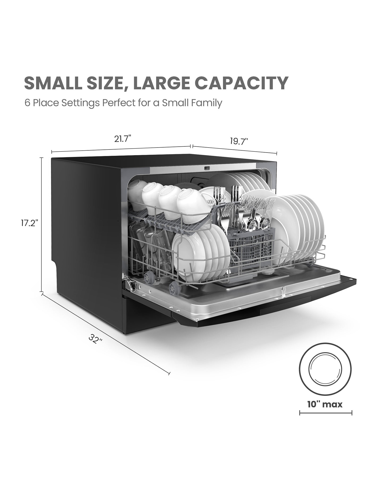 size dimensions of comfee countertop portable dishwasher open with dishes cups and plates inside its internal rack