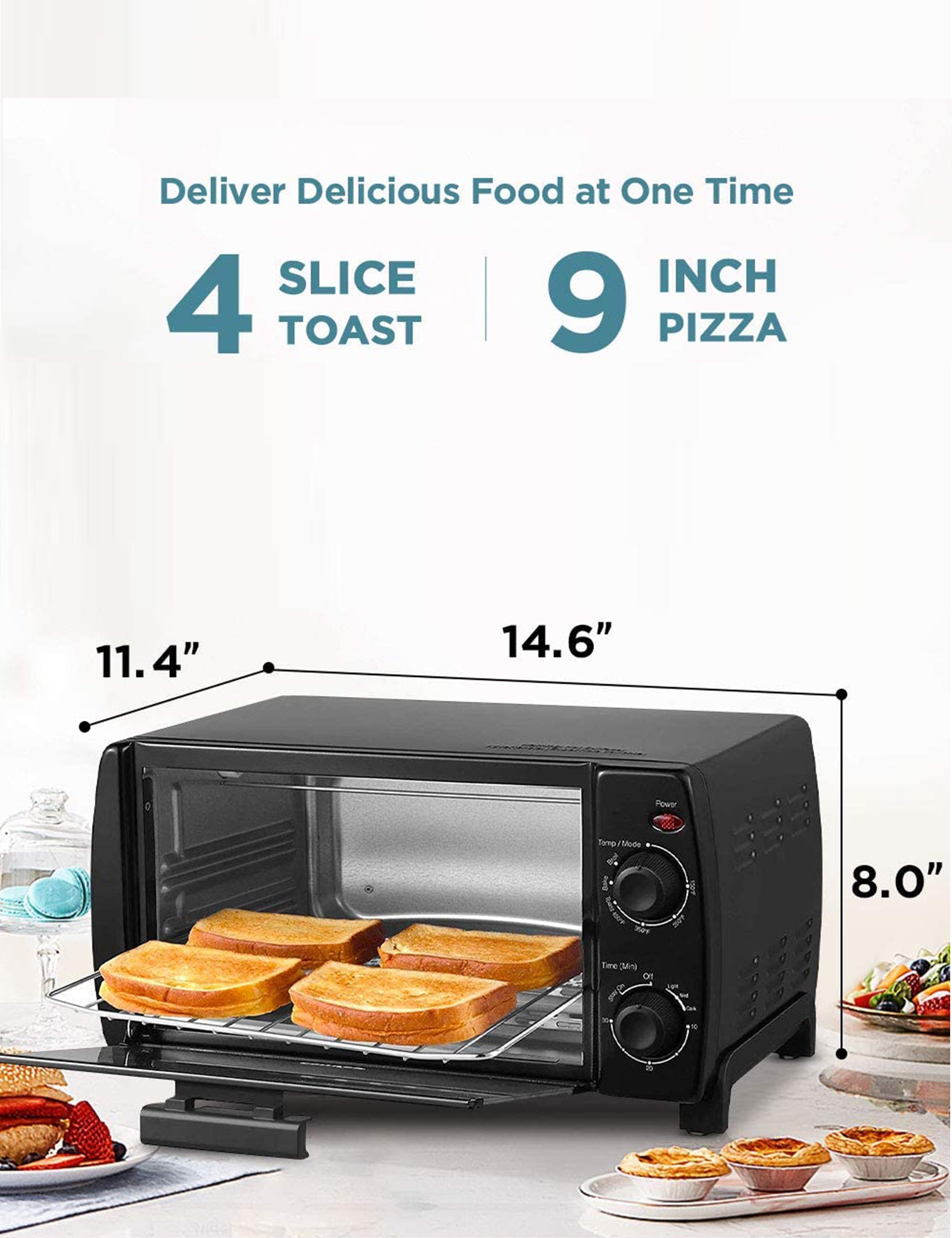 dimension of black comfee toaster oven with four slices of bread inside