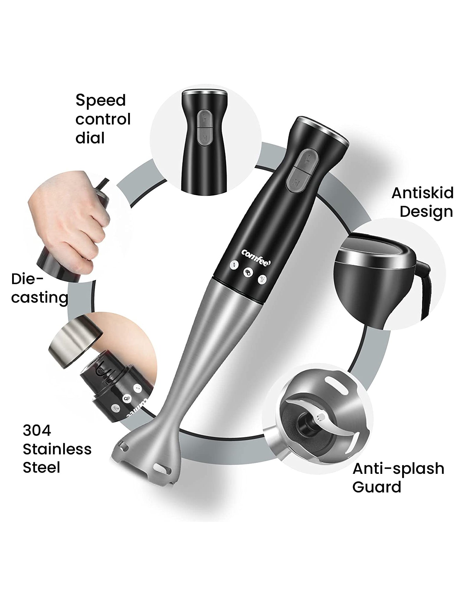 COMFEE' Immersion Hand Blender, Brushed Stainless Steel, 2-Speed