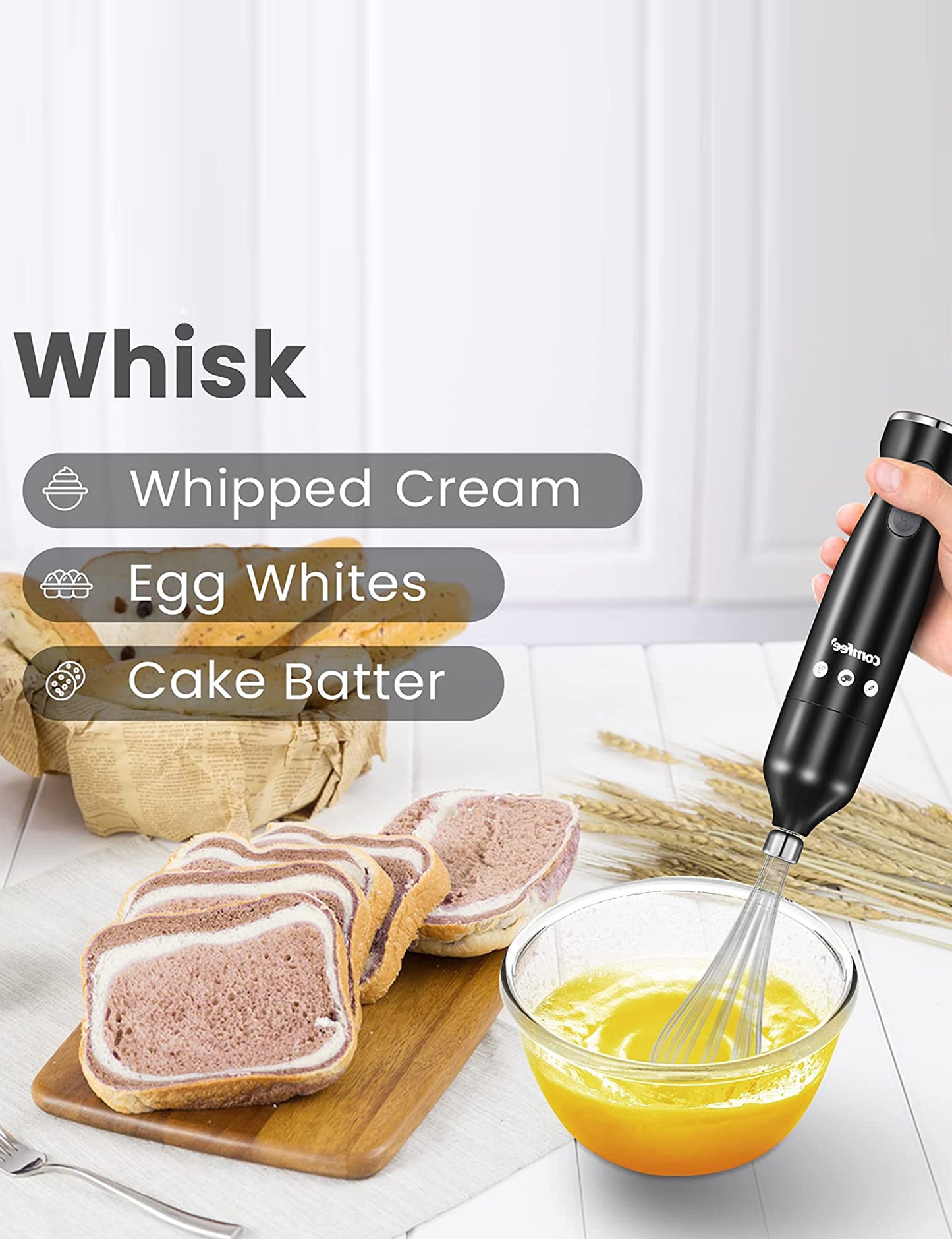 black comfee immersion hand blender whisking eggs next to slices of bread