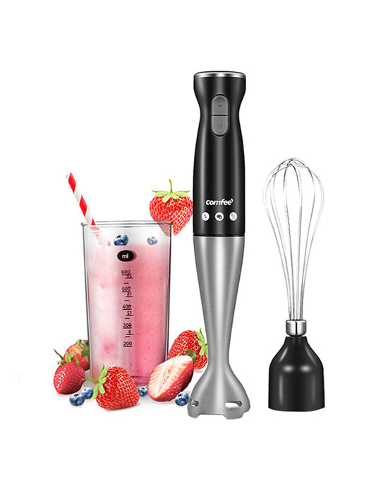 comfee hand blender standing next to its whisk tomatoes and drink