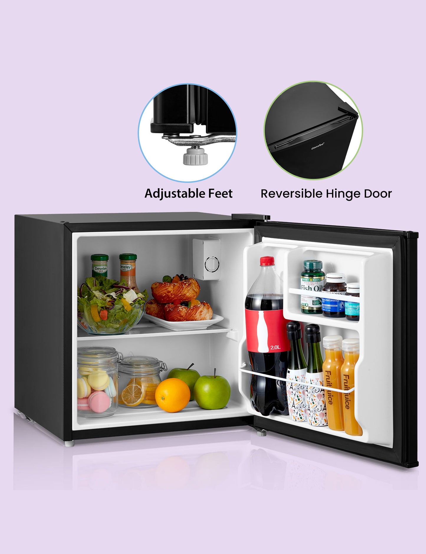 black open mini fridge with food and drinks inside