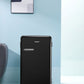 black comfee fridge in a blue modern interior