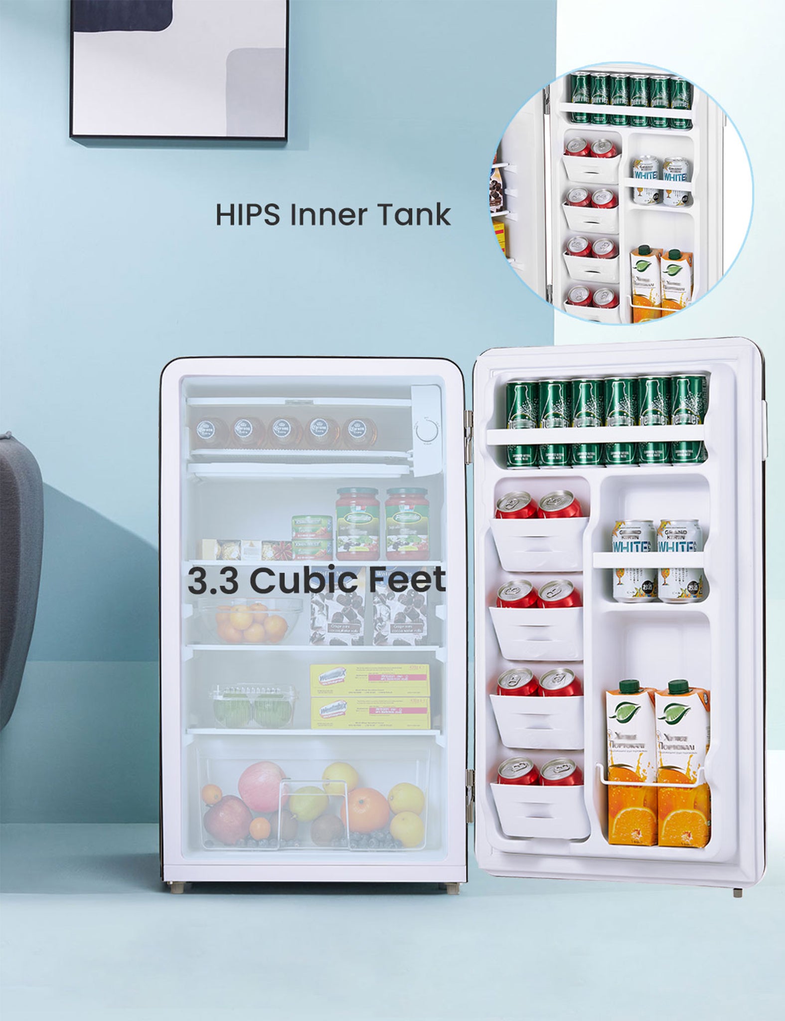 open compact fridge with drinks and fruits inside
