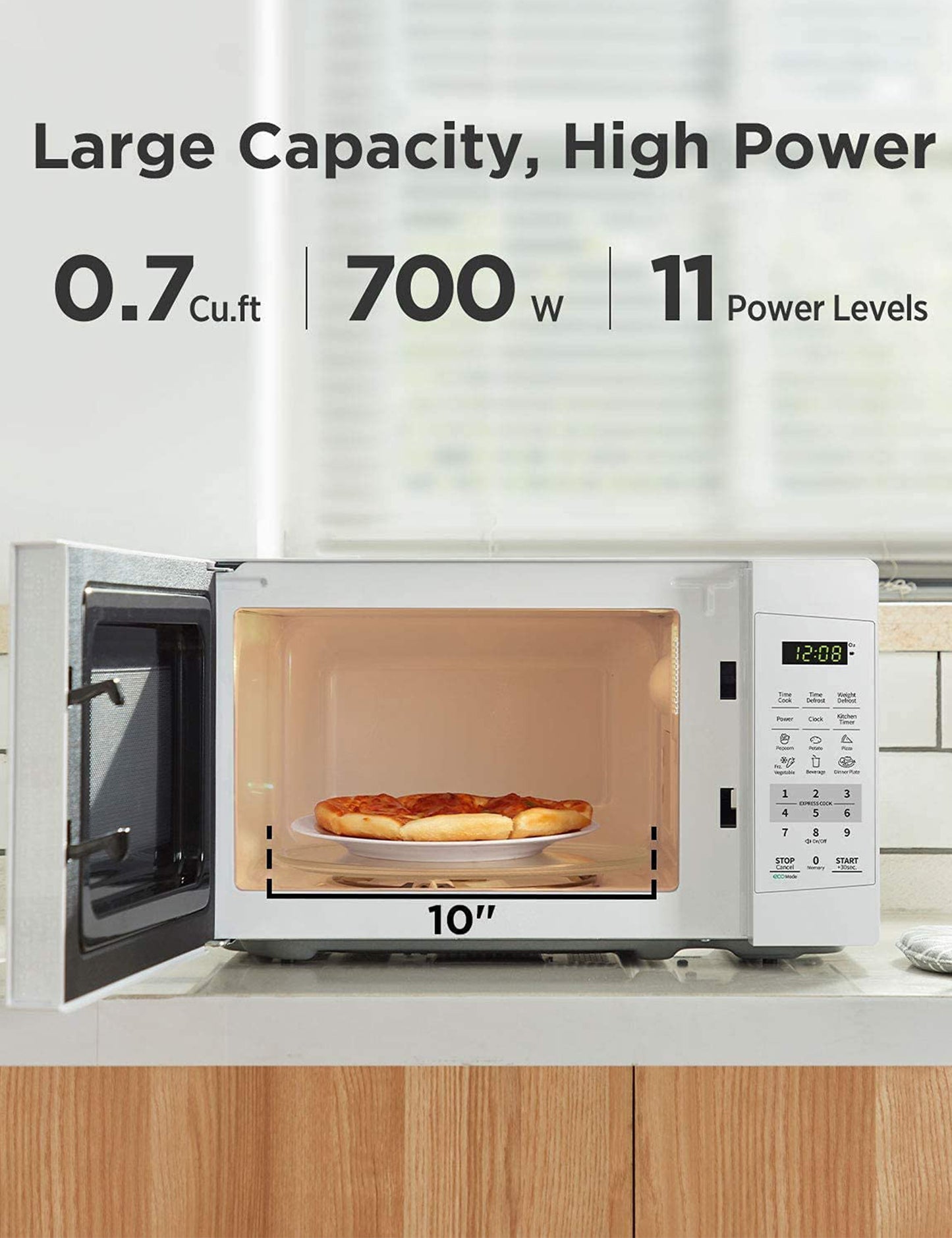 open white compact comfee microwave with pizza inside