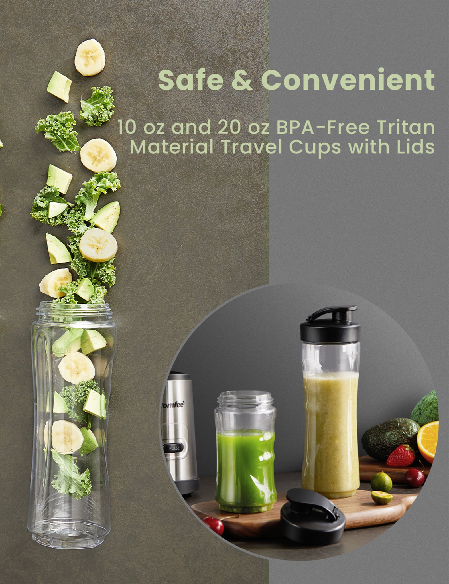 comfee compact personal blender travel cup with green vegetables fallout of it