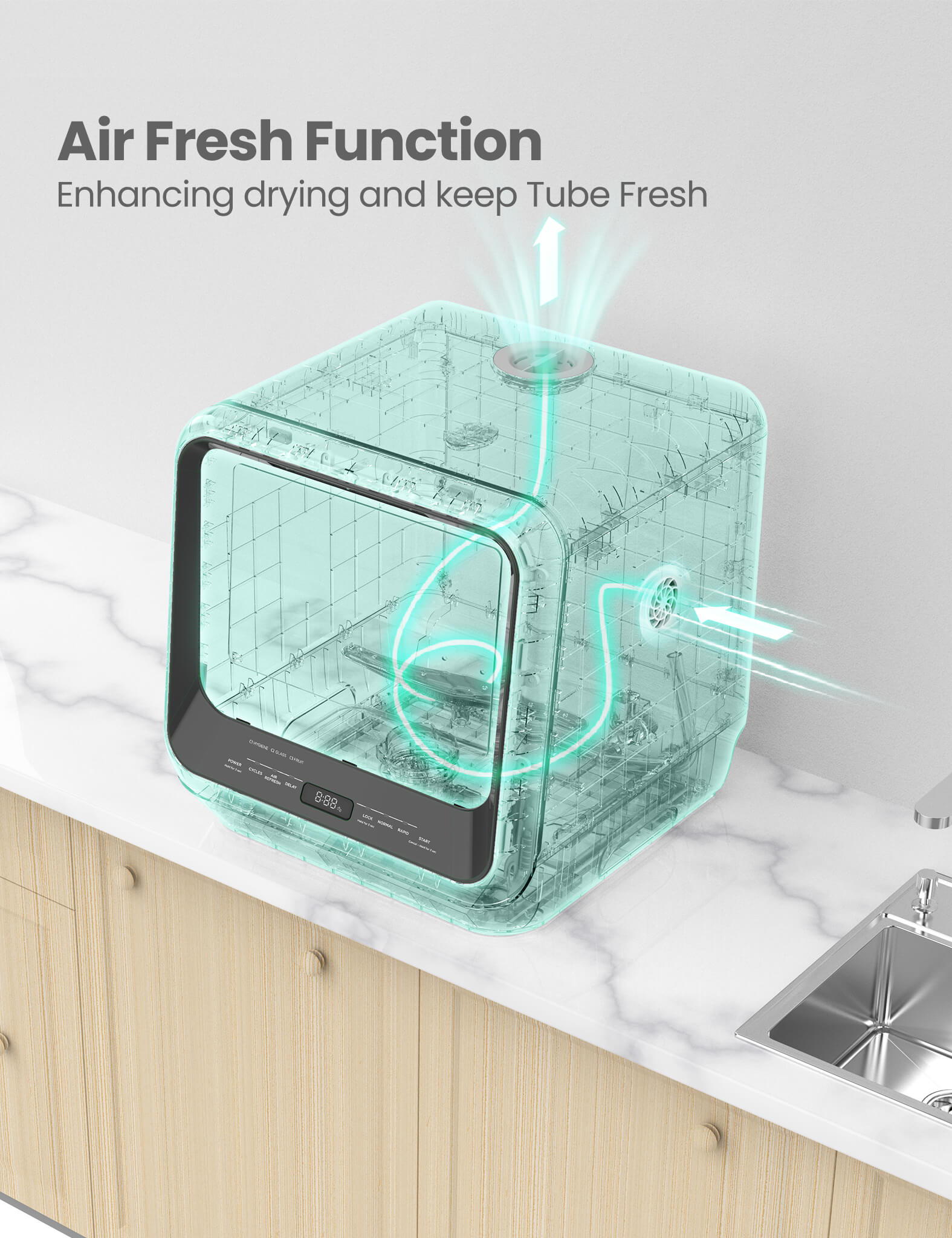 how the comfee countertop dishwasher circulates fresh air