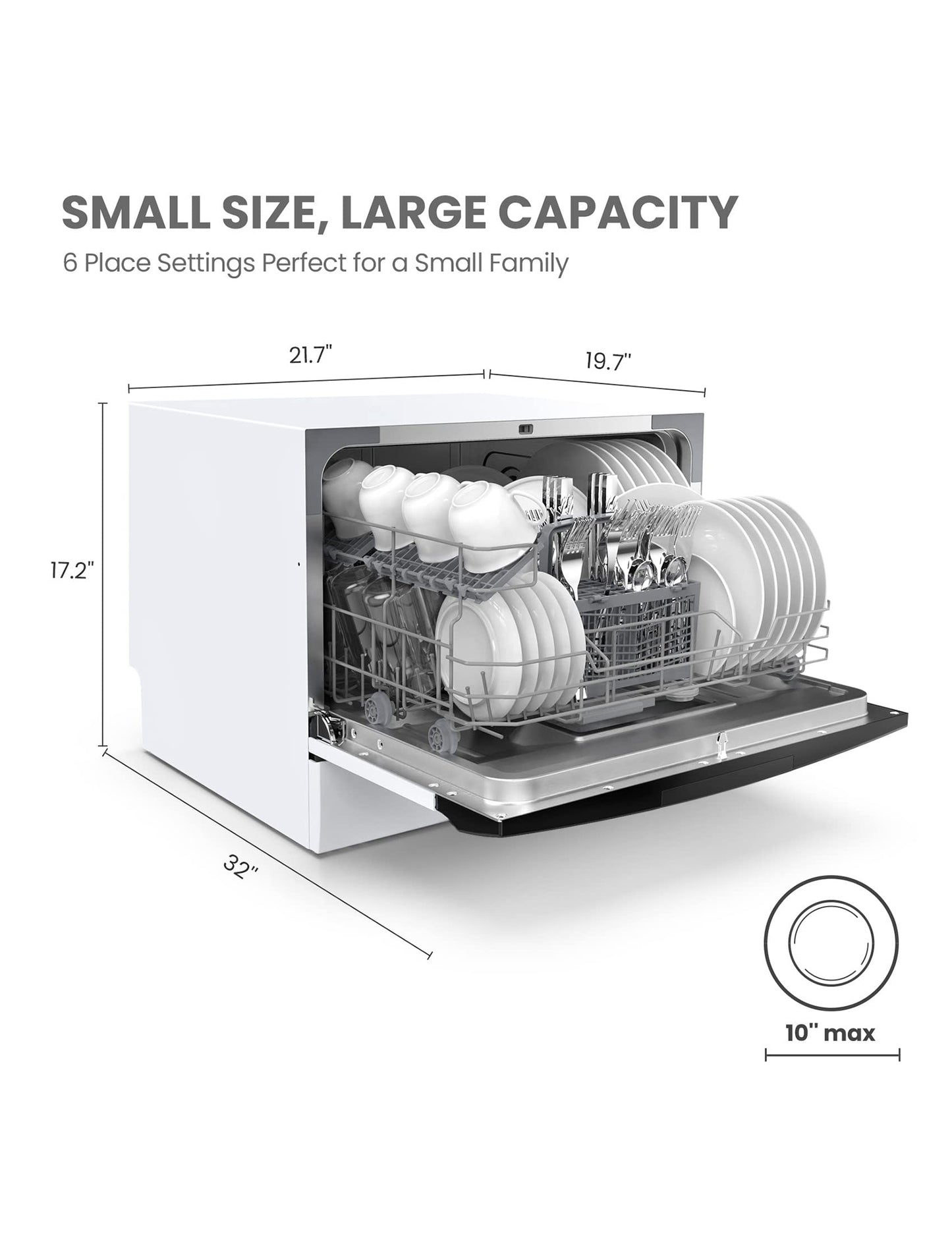 measurements of the comfee countertop portable dishwasher opened with tableware inside