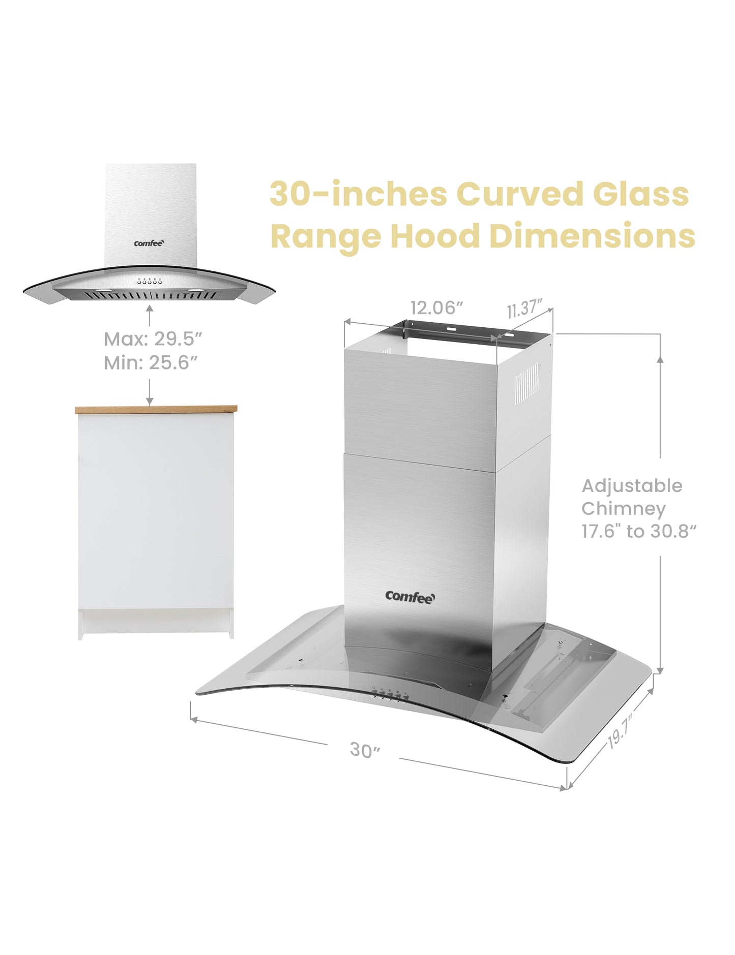 size dimensions of comfee curved glass range hood
