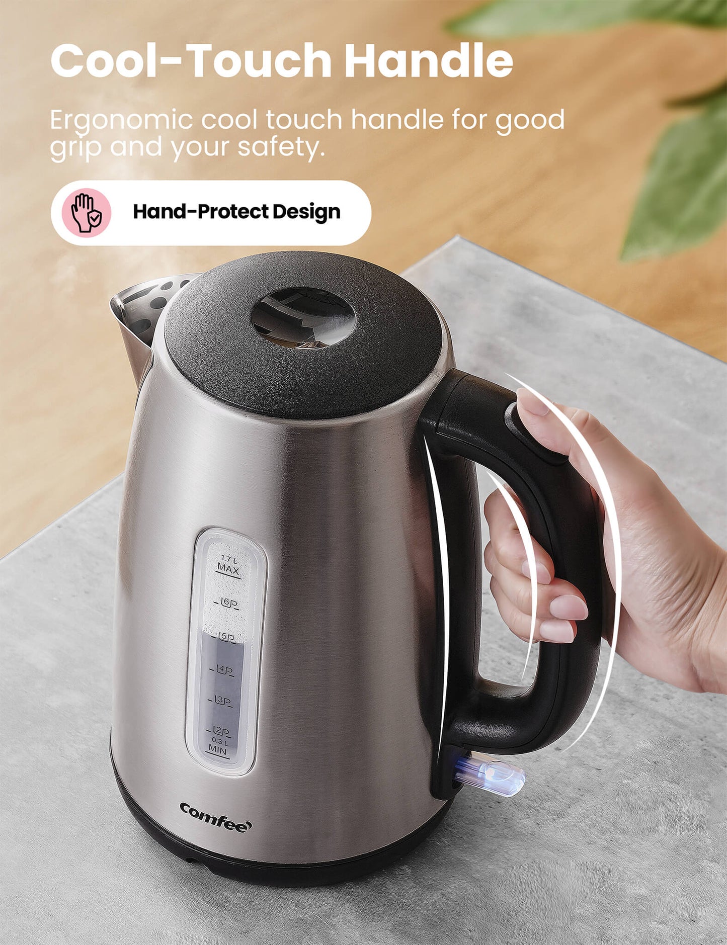 comfee stainless steel electric kettle with hand-protect design